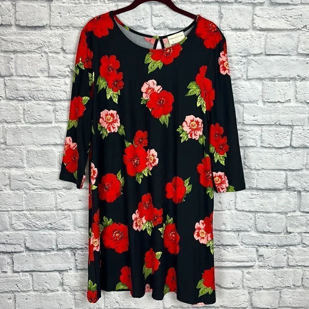 Bobby Brooks Ladies Floral Dress Size XL Long Sleeve Black and Red
